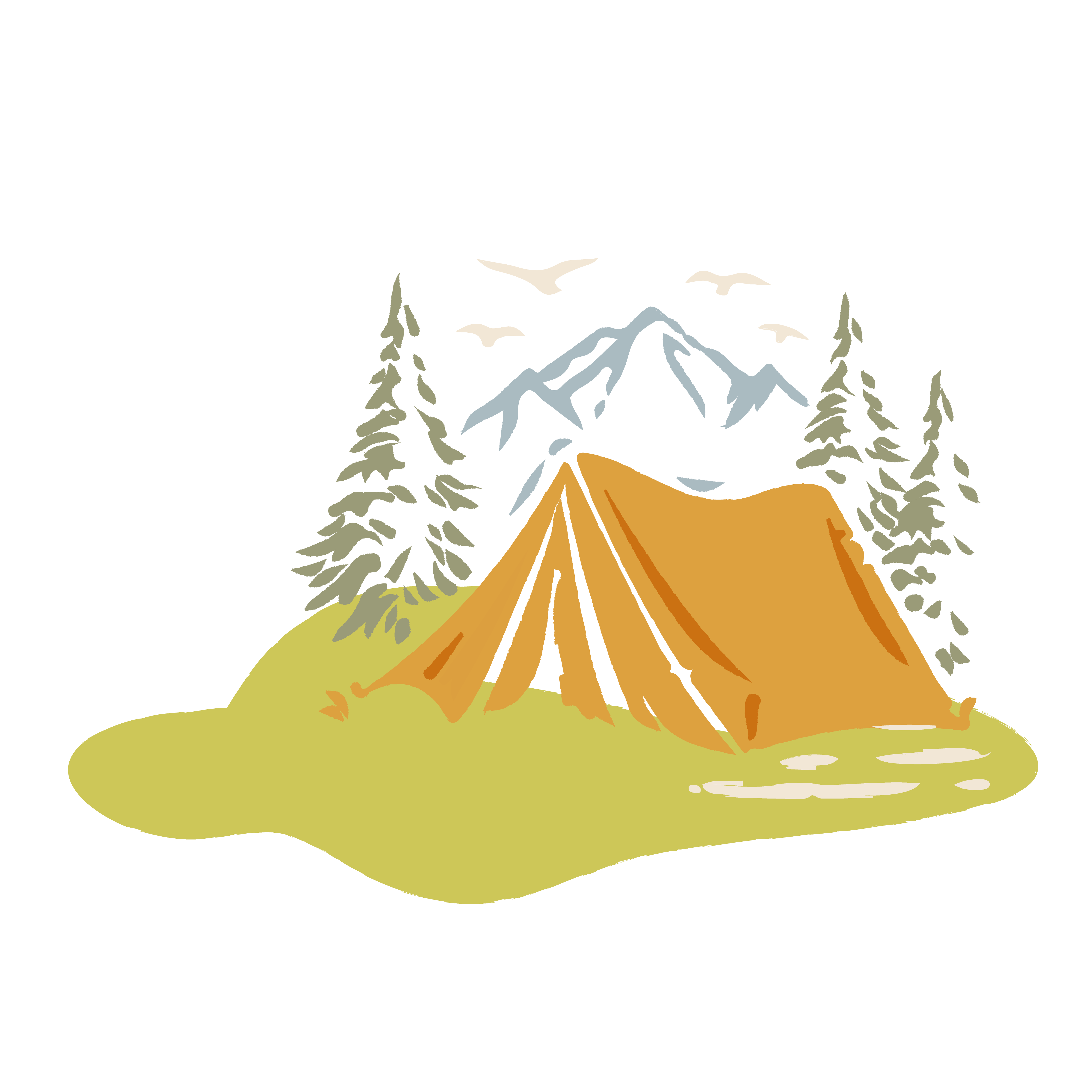 Illustrations tente au milieu de la foret et feu de camp. en arrière plan une montagne et 4 oiseaux dans le ciel
