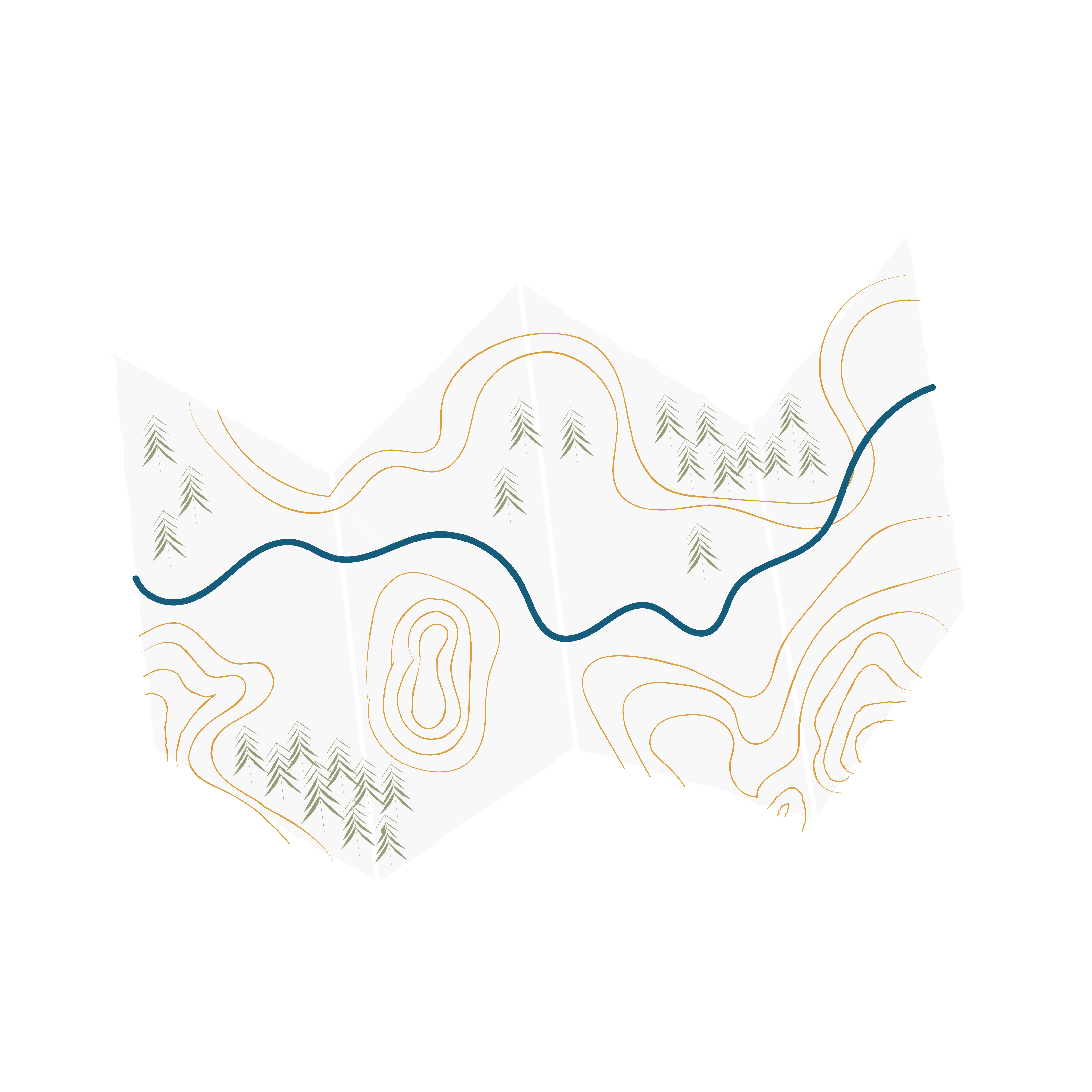 Dessin d'une carte de randonnée en 4 volets, partiellement ouvert. Trace d'une rivière avec la présence des traits de dénivelé et des forets.